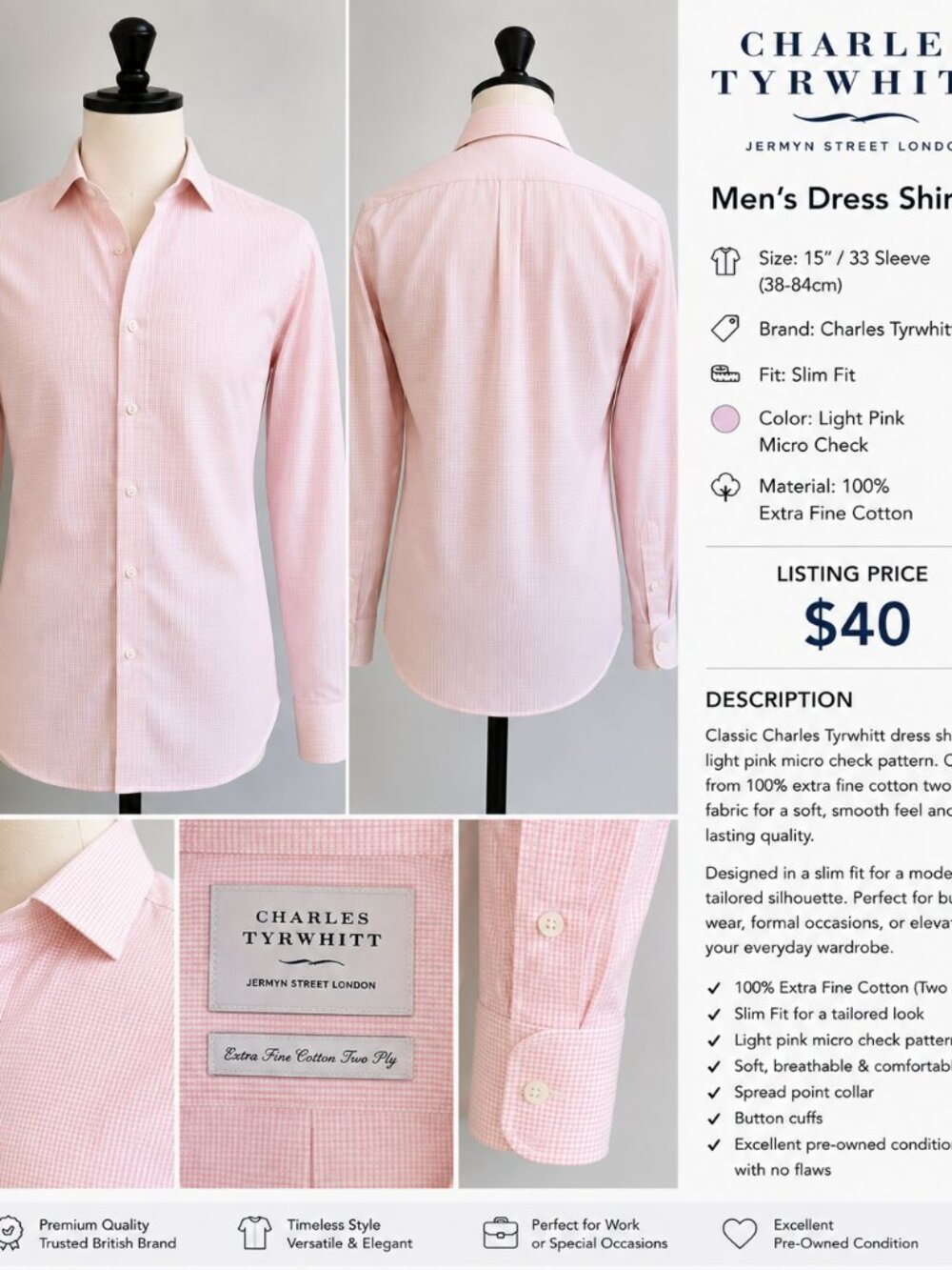 Charles Tyrwhitt Men’s Pink Micro Check Slim Fit Dress Shirt 15/33